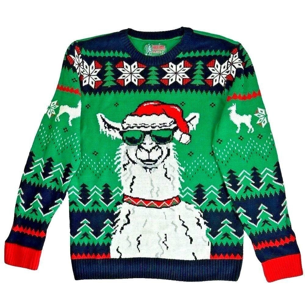 Ugly Christmas Sweater Llama Graphic Pullover Mens L Green Fair Isle Knit